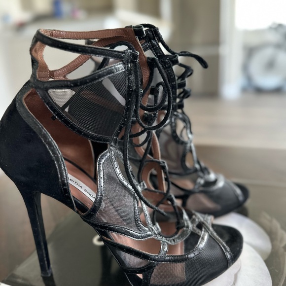 Tabitha Simmons Black Mesh Lace-Up Heels - Picture 7 of 9